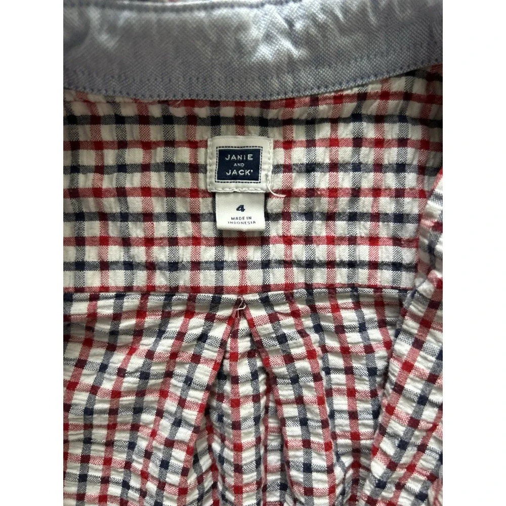 Janie & Jack Red White Blue Plaid Patriotic Button Down Shirt Size 4 EUC